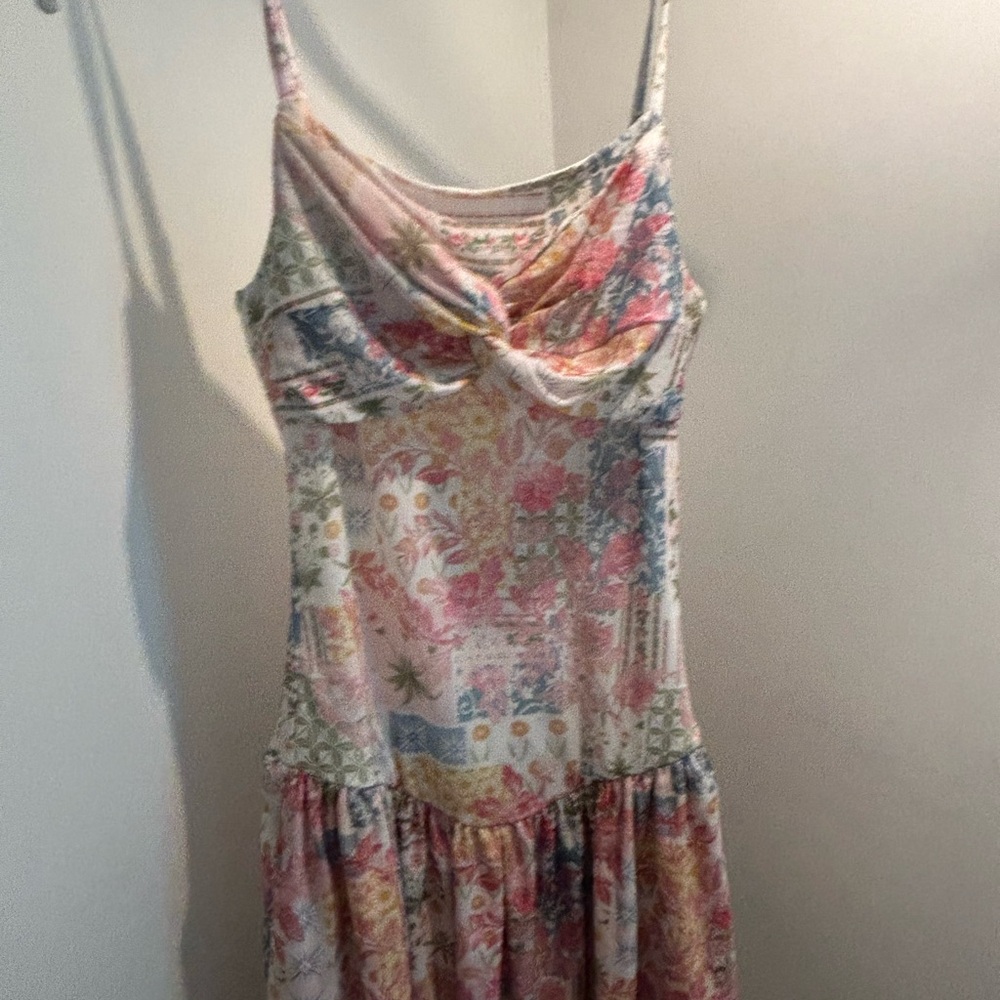 SHEIN Pink Floral Patchwork Mini Dress with Twist Front